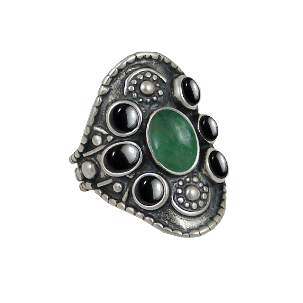 Sterling Silver High Queen's Ring With Jade And Hematite Size 7